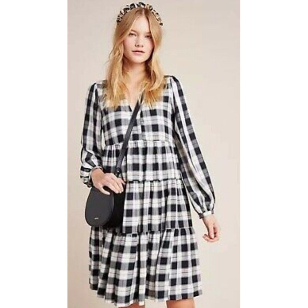 MAEVE Anthropologie Black Motif Amber Plaid Tiered Tunic Dress Flowy Boho Sz Med - Picture 8 of 12